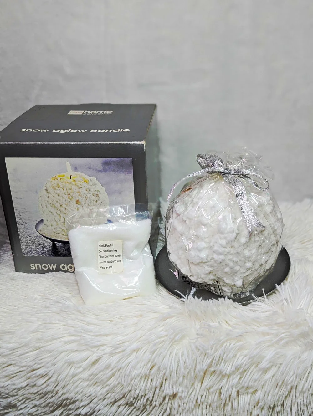 VTG 2002 JCPenney Home Collection Snow Aglow Ball Candle Set NIB Faux Snow Plate